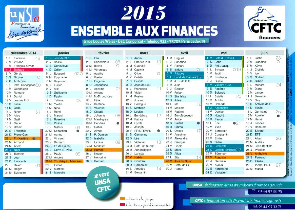 Les calendriers de l'anne 2015 sont disponibles.