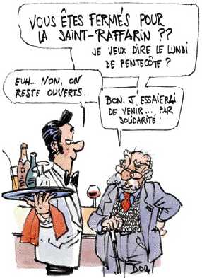 CFTC DGFiP 62 : VIVE LA SAINT RAFFARIN   >>>   Cre en 2004 aprs la canicule de 2003, la Journe de solidarit est un jour de travail non rmunr dont les fruits financent la prise en charge des personnes ges et handicapes. Initialement fixe au lundi de Pentecte, cette journe, qui a rapport 2,4 milliards d'euro en 2010, est depuis 2008 organise " la carte". Rsultat, lundi, certains salaris travailleront et d'autres non. 